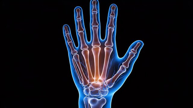 Human hand bones with highlighted metacarpal pain and inflammation