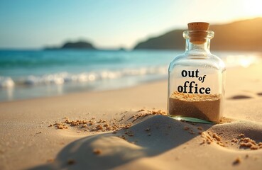 Obraz premium Glass bottle with out of office message sits on sandy beach. Calm sea waves wash ashore under warm sunlight. Represents vacation and escape from work.