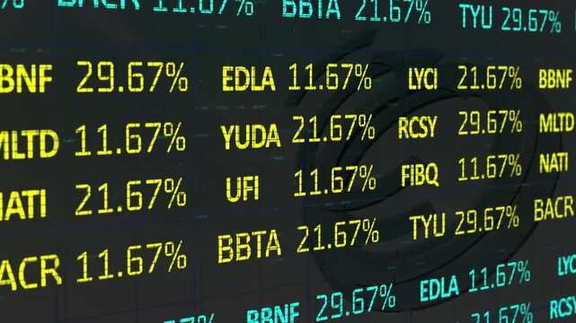 Animation displays stock stats with blue and yellow numbers on a grid.