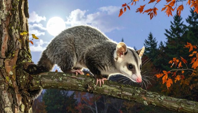 Here&rsquo;s a detailed and atmospheric **possum prompt** you can use:

---

**Prompt:**

A small opossum with soft gray fur and a long, hairless tail cautiously climbs along a tree branch in the quiet of t