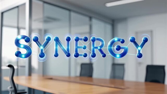 The glowing blue word "synergy" floats digitally in a modern, professional corporate office environment, symbolizing collaboration and teamwork.