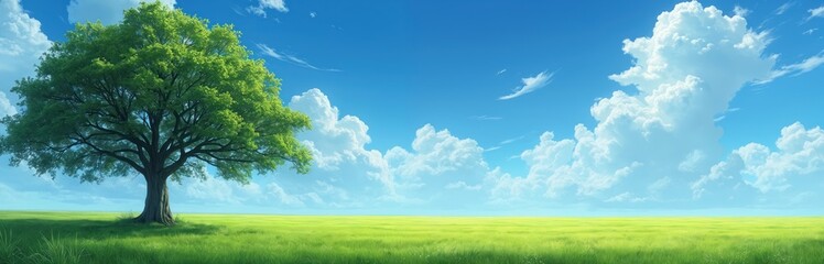 Obraz premium Vibrant green tree stands alone on wide grassy field under bright blue sky with fluffy white clouds. Branches spread wide providing shade on sunny day. Peaceful nature landscape scene represents