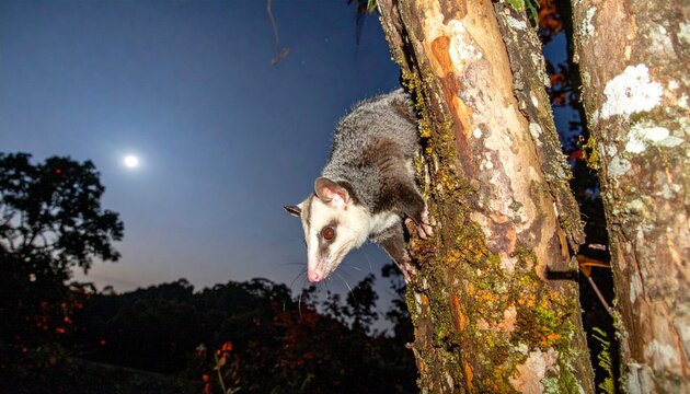 Here&rsquo;s a detailed and atmospheric **possum prompt** you can use:

---

**Prompt:**

A small opossum with soft gray fur and a long, hairless tail cautiously climbs along a tree branch in the quiet of t