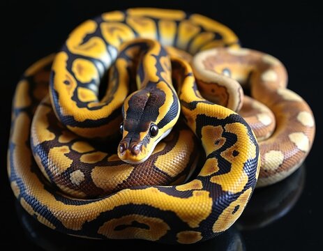Yellow and black patterned ball python coiled tightly. This reptile has intricate scales. Snake is a popular pet. Its beauty captivates viewers. Exotic animal.