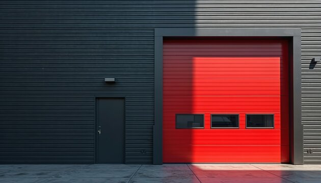 Modern industrial building facade with bold red garage door, dark grey corrugated metal siding. Building sleek geometric lines, small grey side entrance door. Industrial architecture provides
