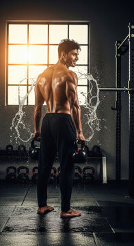 Muscular Man Training with Kettlebells, Water Splashing in Gym