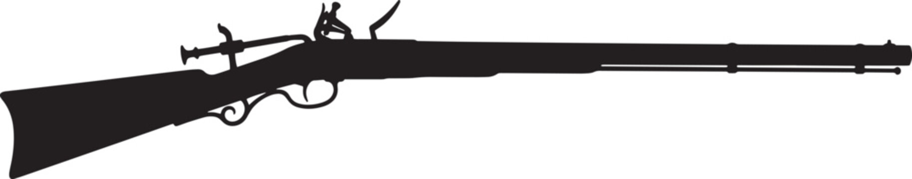 Silhouette of a long rifle with flintlock mechanism presented in side view