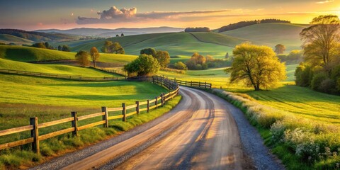 Naklejka premium Serene Sunset Vista A Country Road Winds Through Rolling Green Hills, Past Wooden Fences and Lush Meadows Bathed in the Golden Light of the Evening Sun