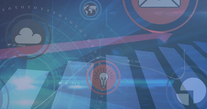 Animation of floating icons in circles over graphs, arrow, binary codes against abstract background