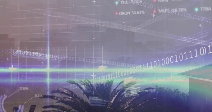 Animation of stock market data processing and blue light trails against aerial view of cityscape