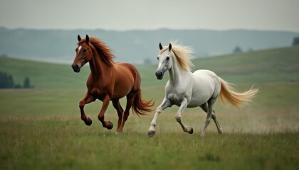 Fototapeta premium Two horses run across grassy field. One horse is brown and white, other is pure white. They gallop together through green pastureland with trees far away.