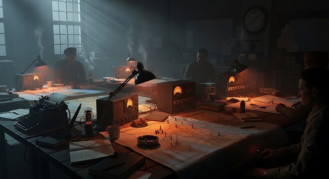 World War 2 military strategy room with officers planning, maps and dim lit lamps