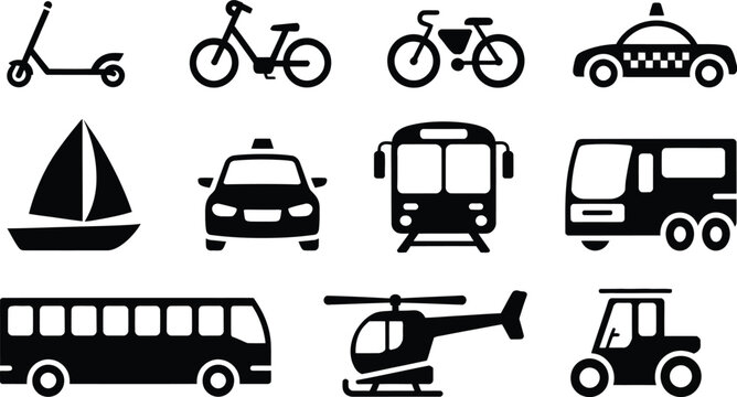 Black and white icons of various modes of transportation and vehicles