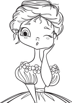 coquette girl cute princess in a beautiful dress coloring page outline vector illustration