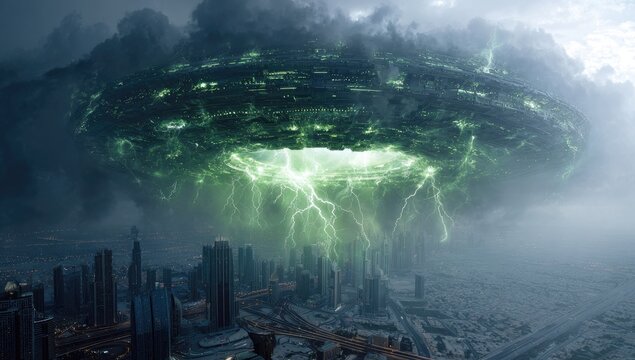 A colossal, disc-shaped structure hovers over a sprawling cityscape, emanating green energy and unleashing lightning bolts