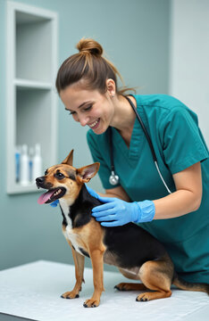Veterinarian in blue gloves gently pets dog during exam. Pet checkup includes microchip placement for identification and safety. Animal care at clinic.