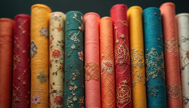 Assortment of rolled textiles in various bright colors. Fabrics feature intricate floral embroidery and decorative patterns. Ideal for crafting, sewing, or home decor projects.