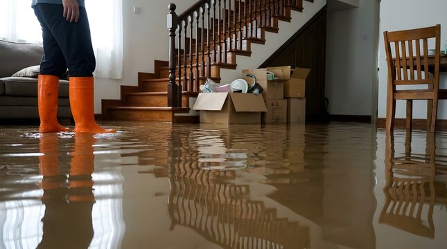 Severe indoor flooding in modern home with water covering floor, person standing in rubber boots near staircase, property damage, water leak disaster, insurance claim concept