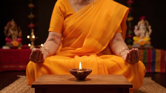 Woman in orange sari meditating with a lit oil lamp in a devotional setting with Hindu deities in the background