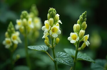 Fototapeta premium Pale yellow flowers with green buds grow on tall stems. Leaves are wet with rain droplets. Soft focus background of lush garden foliage. Elegant bloom detail.