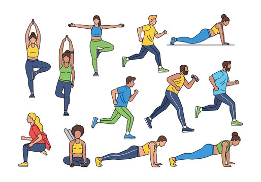 People doing various fitness exercises.