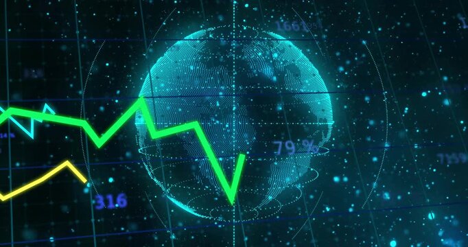 Animation starting holographic globe rotating as trend lines fluctuating visualizing data trends