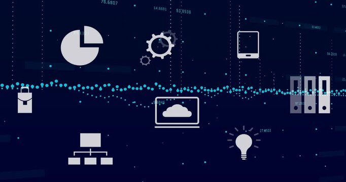 At start row of white icons appearing above pulsing teal data wave to visualize dynamic analytics