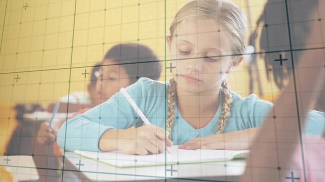 Girl pausing writing and glancing toward standing classmate in classroom showing friendship spark