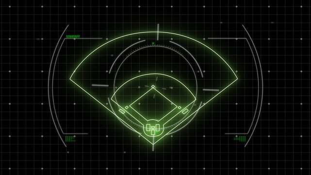 Neon green line drawing from lower left center HUD forming diamond expanding then folding for scan