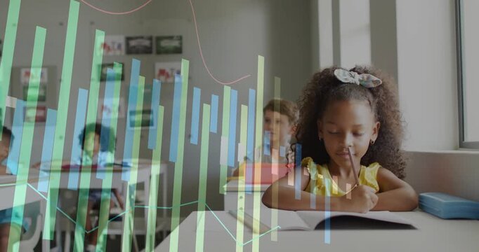 Girl writing in education class with pencil, bar chart entering left causing pausing and focusing