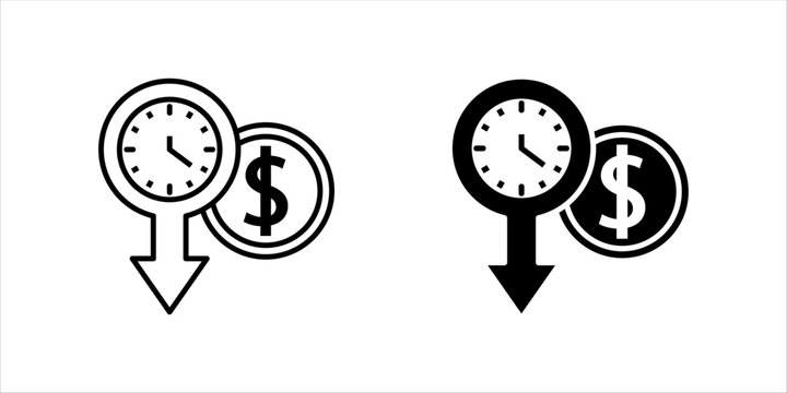 Minimal outline icon set. of clock, dollar symbol, and downward arrow representing reduced costs, time efficiency, and financial decline concepts.