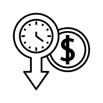 Minimal outline icon of clock, dollar symbol, and downward arrow representing reduced costs, time efficiency, and financial decline concepts.