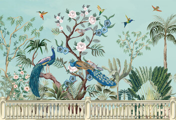 Elegant Hand-Painted Tropical Mural with Birds, Peacocks and Floral Botanical Wall Art © Jayk