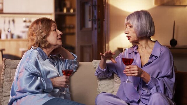 Senior sisters discussing recent news and drinking wine on sofa at home
