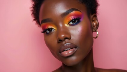 Obraz premium Woman has bright, colorful eye makeup with bold eyeshadow shades. She wears glossy lips and a gold hoop earring against a soft pink background.