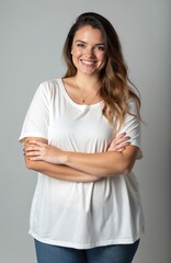 Obraz premium Attractive plus size woman smiles confidently at camera. Young adult female with long brown hair poses in studio wearing casual white t-shirt, blue jeans. Crossed arms, gentle expression, embodying
