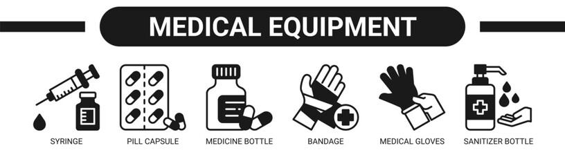 Obraz premium Medical Equipment web banner icon vector illustration concept with icons of syringe, pill capsule, medicine bottle, bandage, medical gloves, and sanitizer bottle.