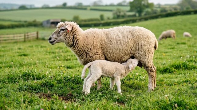 nursing lamb, mother sheep video close up