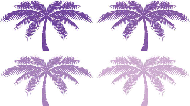 Vibrant purple palm trees, four tropical palm tree silhouettes, exotic summer vacation vector graphics, island paradise design elements for beach-themed projects