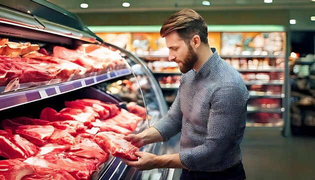 A man in a supermarket selects meat from a refrigerated display case. He examines a piece, considering his purchase