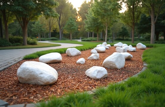 Rich park pathway curves around garden bed with white decorative rocks. Wood mulch covers ground beneath smooth stones and green grass. Trees form lush canopy overhead.