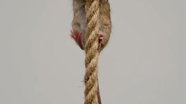 Tiny Climber Brown Mouse Ascending Rope Against Neutral Background.