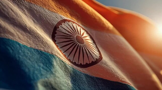 Close-up of the Indian flag waving in the sun, symbol of independence and national pride