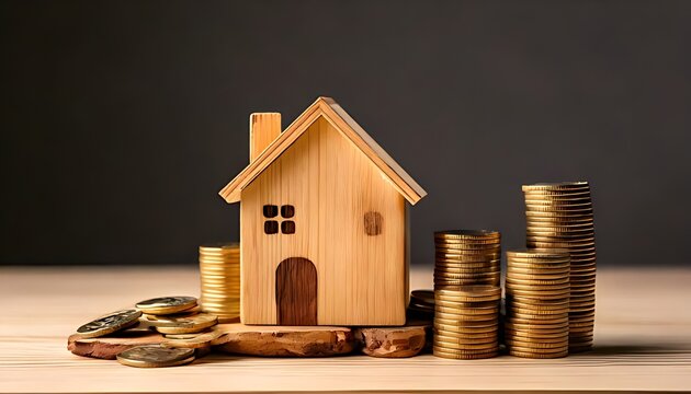 A miniature wooden house stands beside rising stacks of gold coins, symbolizing home ownership and financial growth
