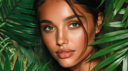 Naklejka premium A woman with glowing skin and green eyes gazes through tropical leaves, surrounded by lush greenery.
