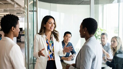 Diverse businesswoman leading small team meeting in modern glass office, smiling and gesturing while colleagues listen attentively and take notes