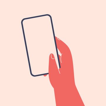Human right hand holds mobile phone with blank screen. Flat colorful cartoon vector illustration. 