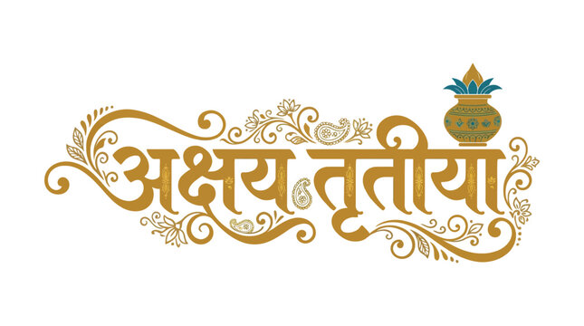 Happy Akshaya Tritiya golden Hindi calligraphy text with elegant floral flourishes and kalash vector illustration