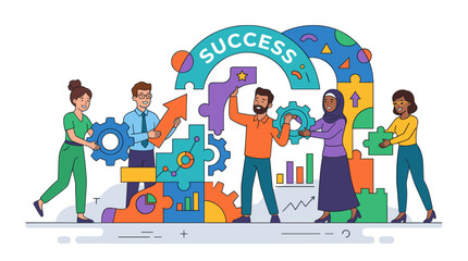 Fototapeta premium Business team collaboration and project planning flat cartoon vector illustration