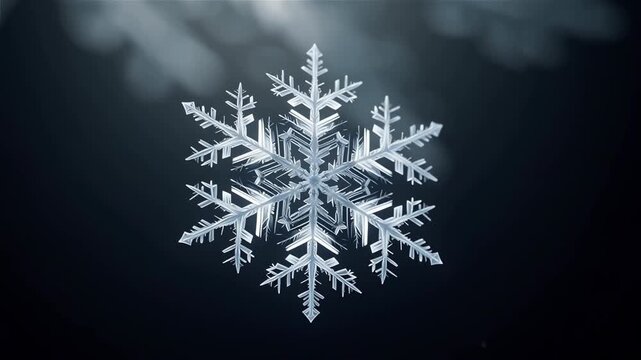 Perfectly formed, intricate crystalline snowflake glows with icy luminescence against a dark, moody background, highlighted by soft, ethereal light from above.
